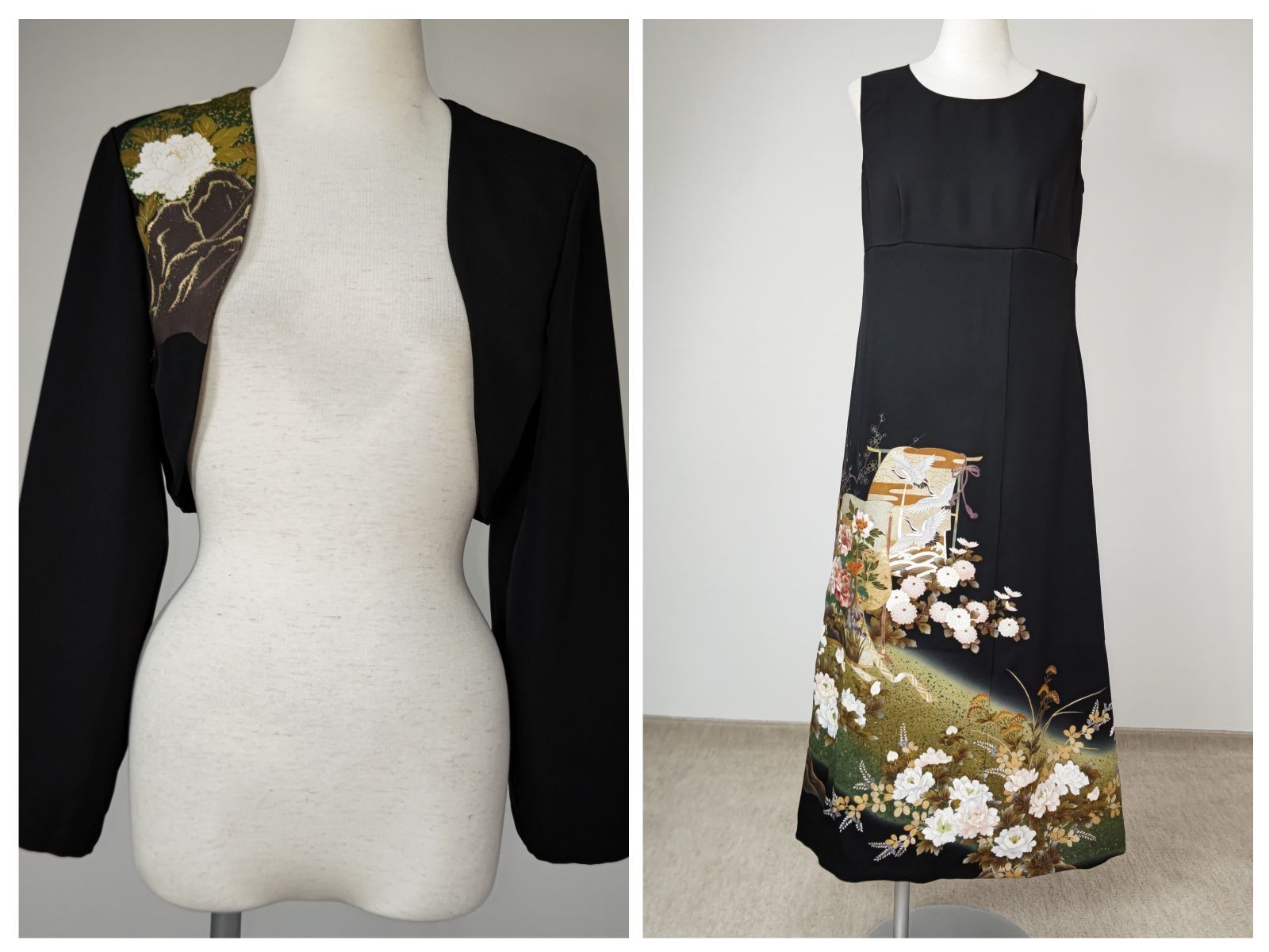 zunezune 色留袖ドレス ノースリーブ ボレロ長袖付 着物リメイク 緑 色