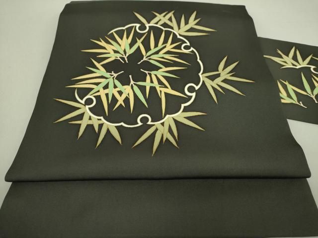 平和屋着物◎塩瀬 九寸名古屋帯 駒刺繍 笹竹文 金彩 正絹 逸品