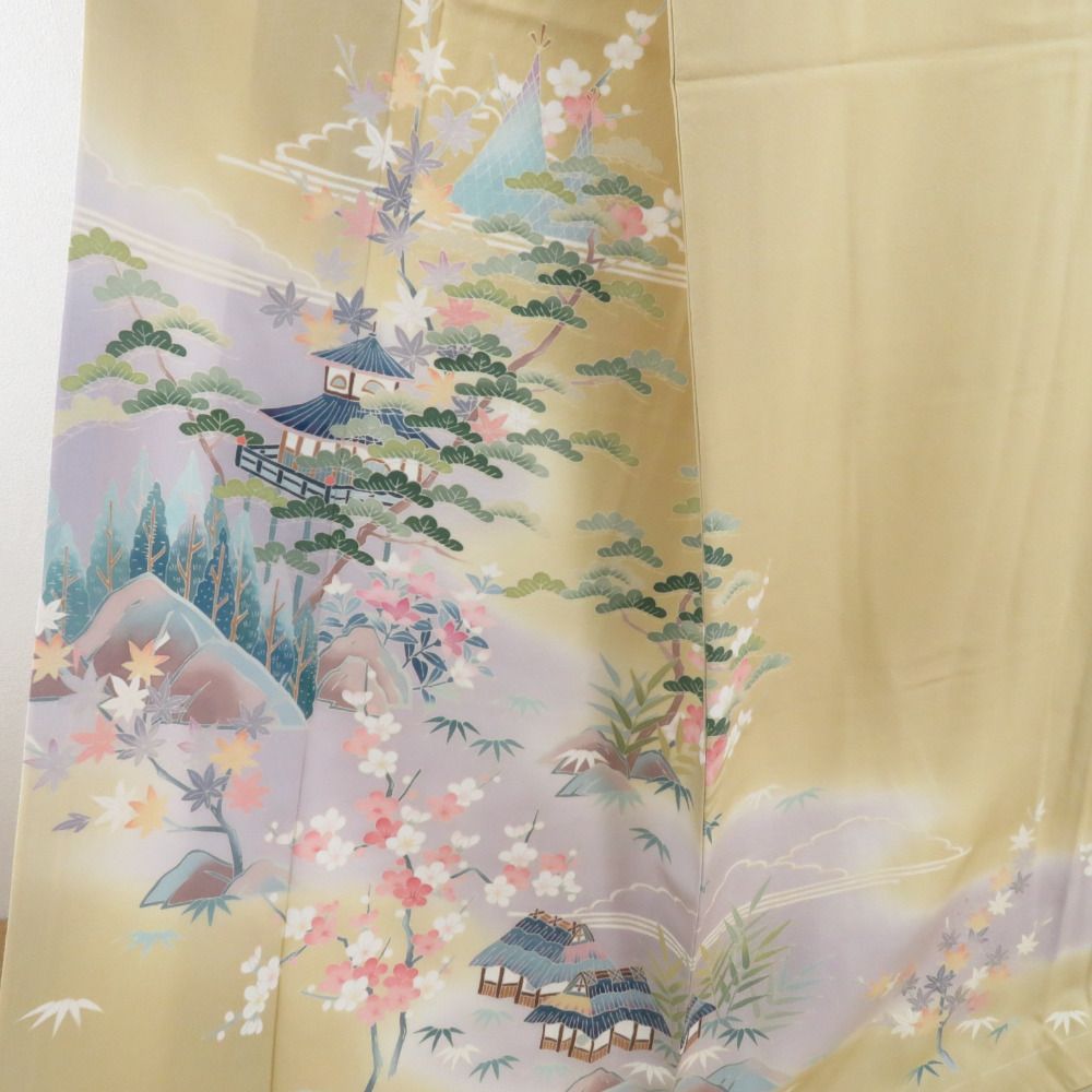 本加賀友禅 訪問着 奥田勝将 建物に草花文様 黄土色 作家物 落款入 証紙付き 正絹 袷 広衿 一つ紋 五三桐 フォーマル 本場加賀友禅染 身丈159cm 本加賀友禅 訪問着 奥田勝将 建物に草花文様 黄土色 作家物 落款入