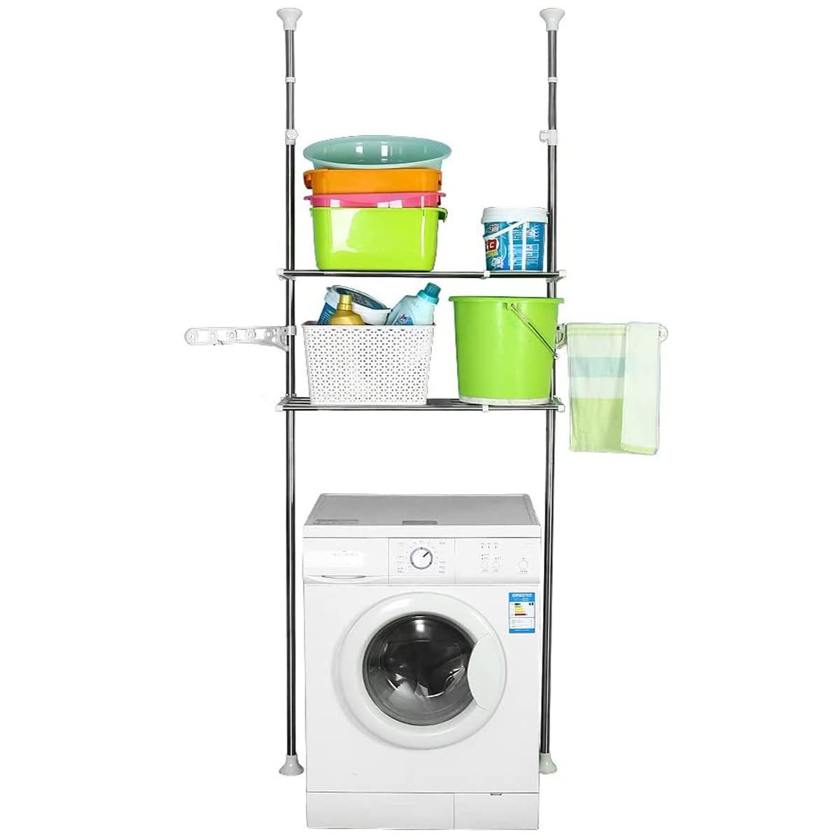 BAOYOUNI つっぱり棚 洗濯機ラック ランドリーラック2段 天井の梁や床の段差があっても設置できる 突っ張り式ラック ハンガーバー付属 ホワイト
