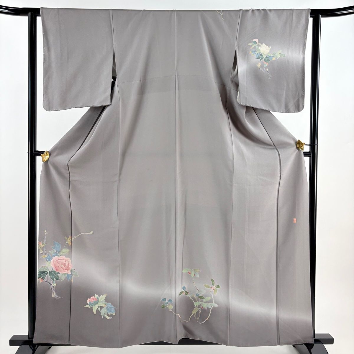 付下げ 身丈160.5cm 裄丈62cm S 袷 田村哲彦 落款 枝花 染め分け ぼかし 灰色 正絹 名品