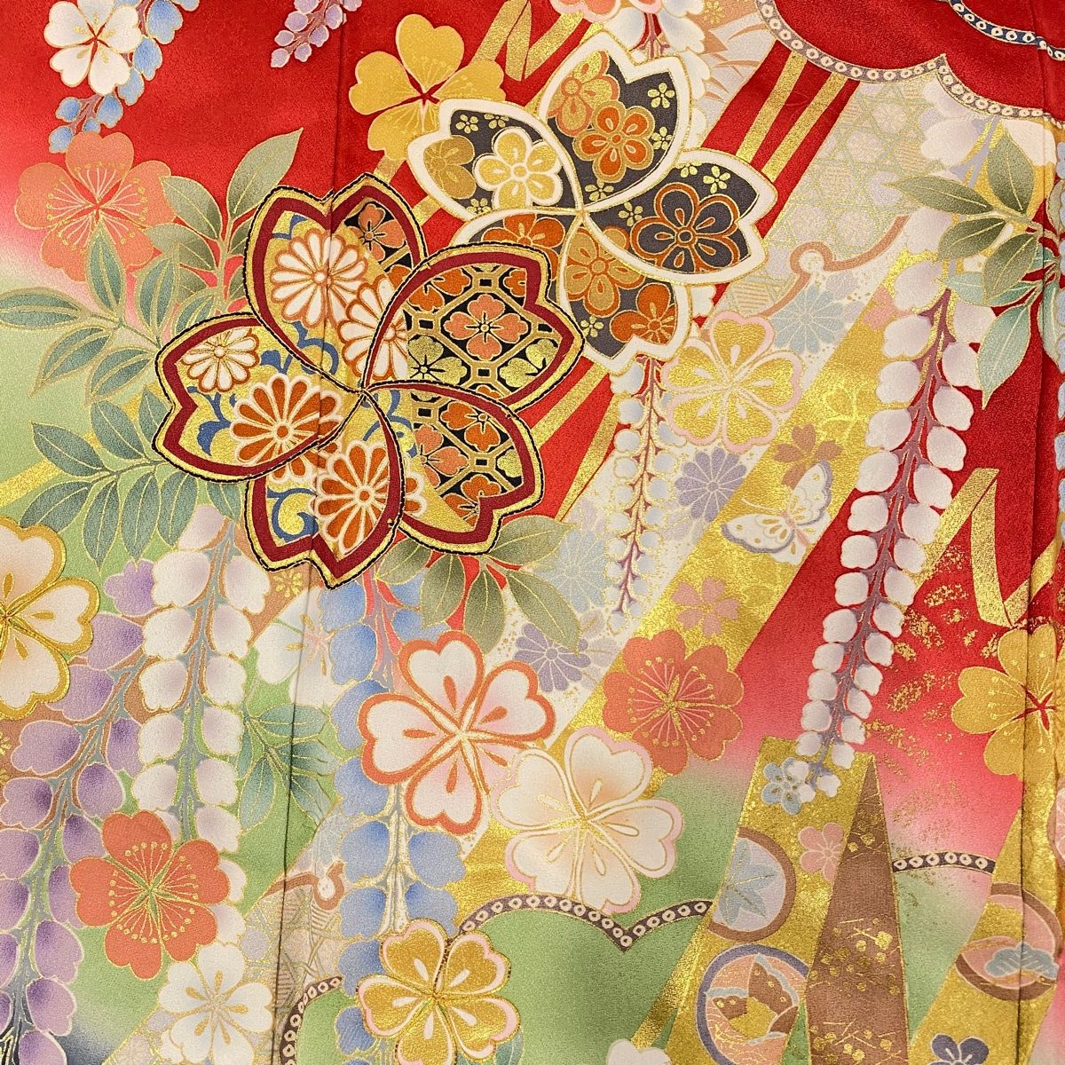 振袖 身丈161.5cm 裄丈67cm M 袷 桜 熨斗 金糸 金彩 赤 正絹 美