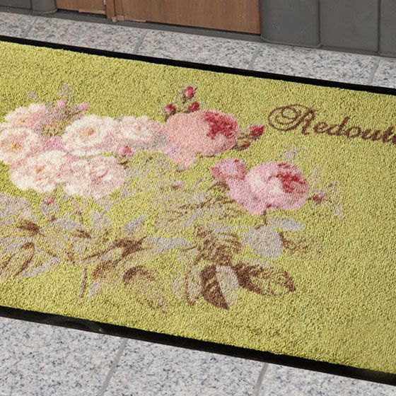 玄関マット 屋外 泥落とし おしゃれ かわいい 洗える ルドゥーテ エントランス マット Lサイズ 59&times;90cm バラ柄 薔薇 グリーン ピンク ホワイト 白