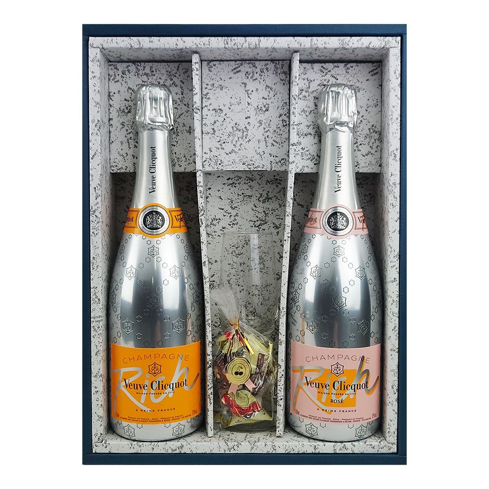 お酒 ギフト プレゼント ワイン スパークリング シャンパン ヴーヴクリコ リッチ 白 750ml - ヴーヴクリコ リッチ ロゼ 750ml かぶせ箱入り グラス - チョコレート セット