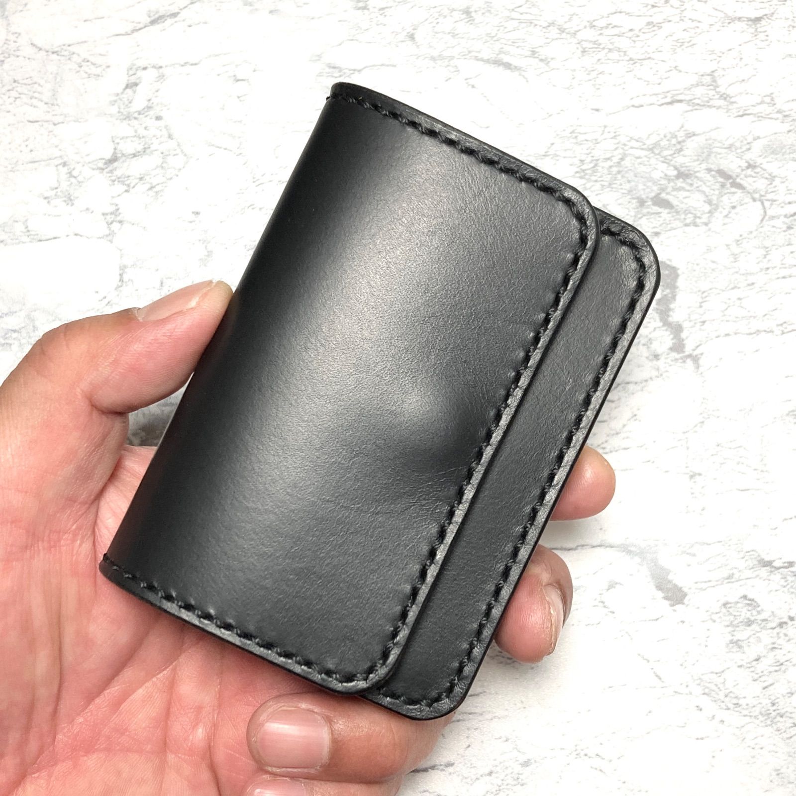 本革ミニ財布｜手のひらサイズのコンパクトウォレット｜イタリアンレザー 手縫い パスケース付き 黒