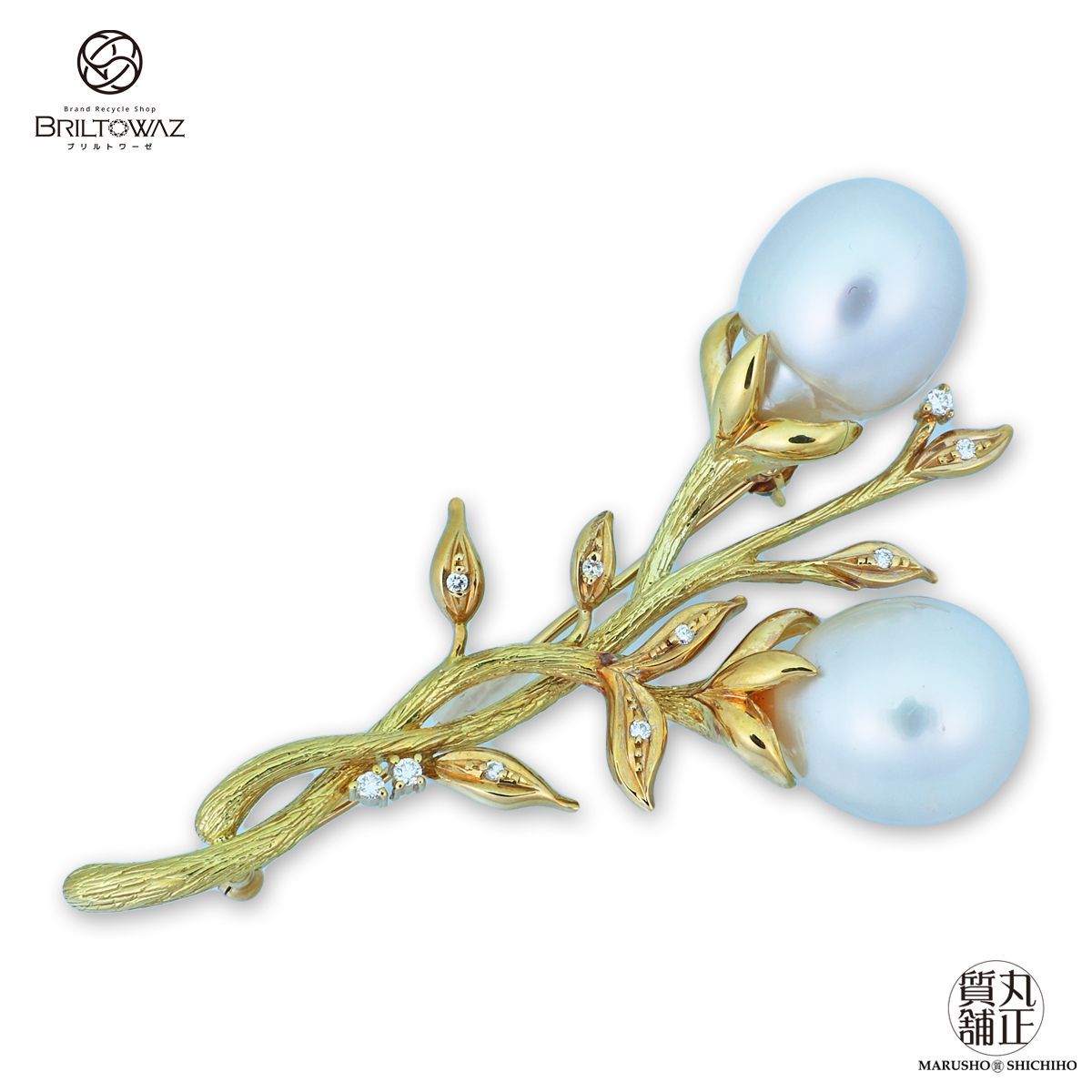 K18 パールペンダントブローチ 植物モチーフ 真珠 ダイヤモンド D0.11