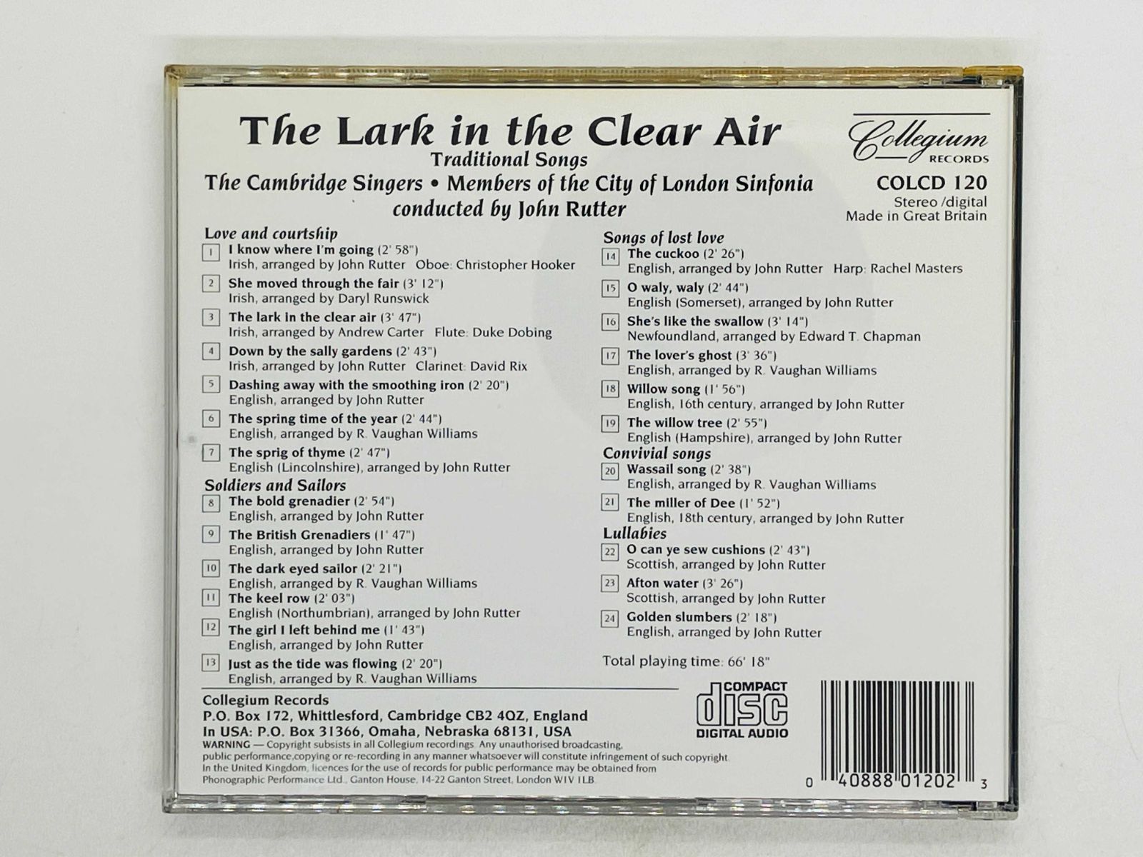 CD ケンブリッジ・シンガーズ / ラター / Cambridge Singers / THE LARK IN THE CLEAR AIR / Rutter COLCD-120 Z33