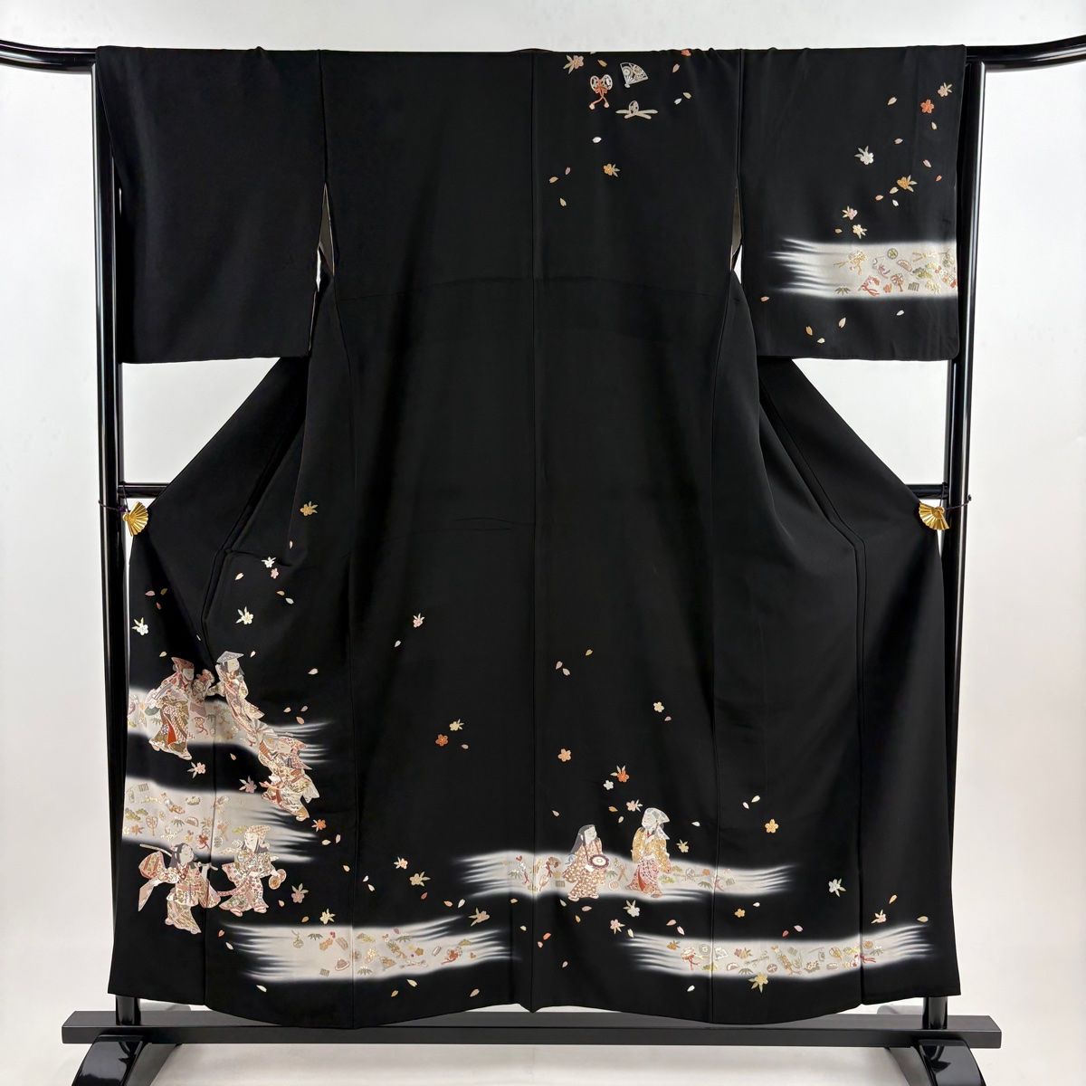 訪問着 身丈155cm 裄丈66.5cm M 袷 童 松竹梅 刺繍 金糸 黒 正絹 秀品