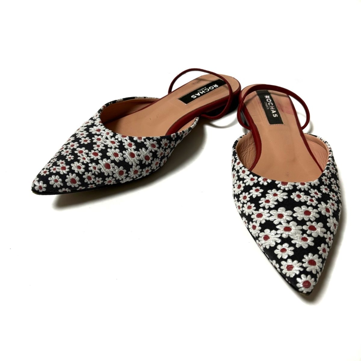 ROCHAS(ロシャス) サンダル 37 レディース - 黒×白×レッド 花柄 