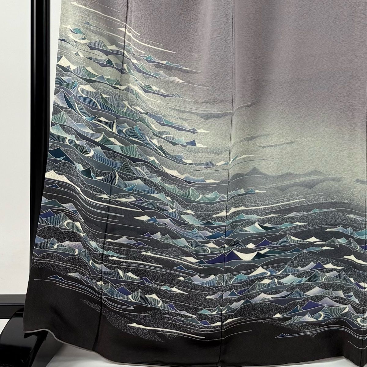 訪問着 身丈166cm 裄丈66.5cm M 袷 落款 波 ぼかし 縮緬 灰紫 正絹 一つ紋