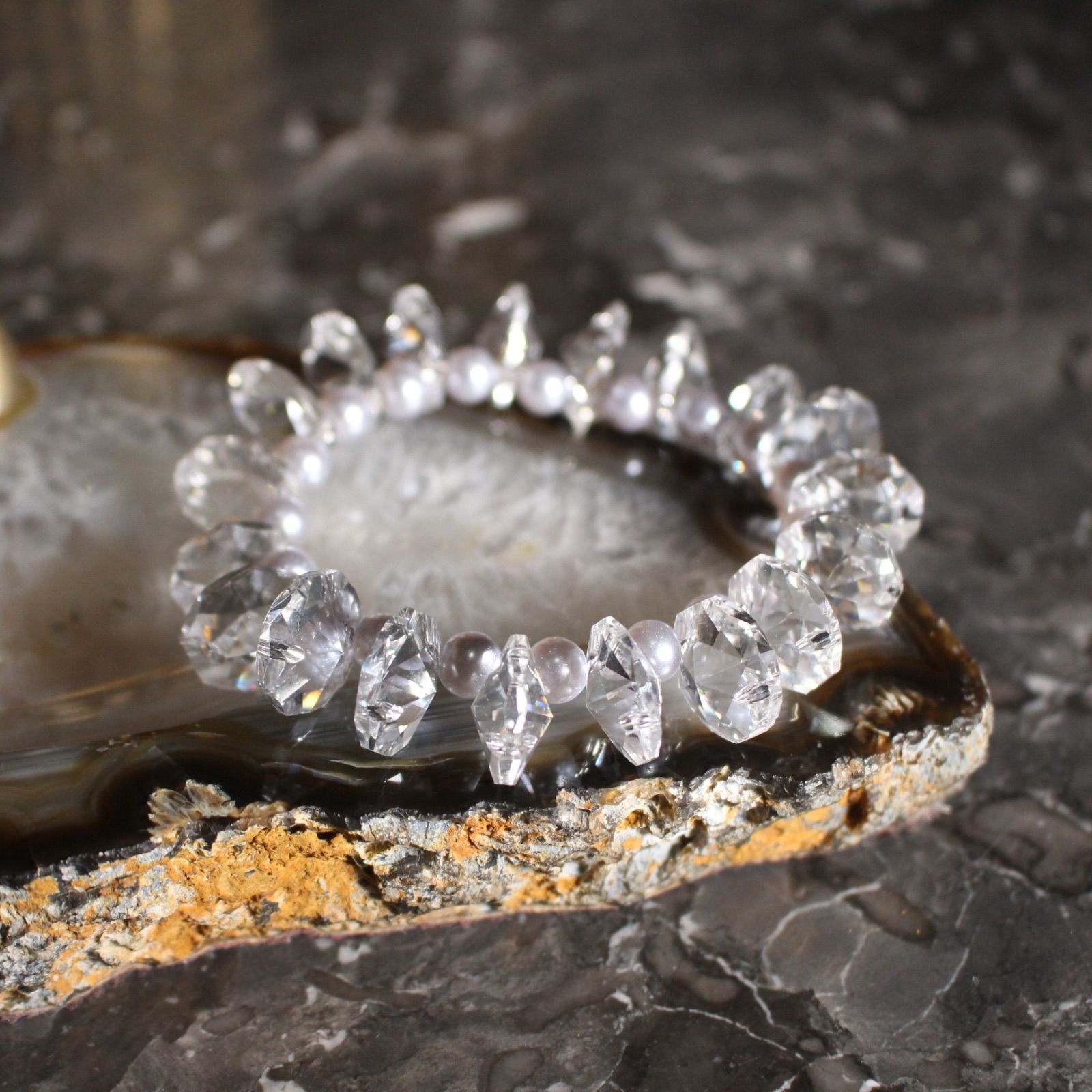 USA VINTAGE CLEAR BEADS PEARL STONE DESIGN BRACELET/アメリカ古着 