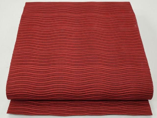 平和屋着物＊夏物 八寸名古屋帯 絽綴れ よろけ縞 赤色 正絹 逸品