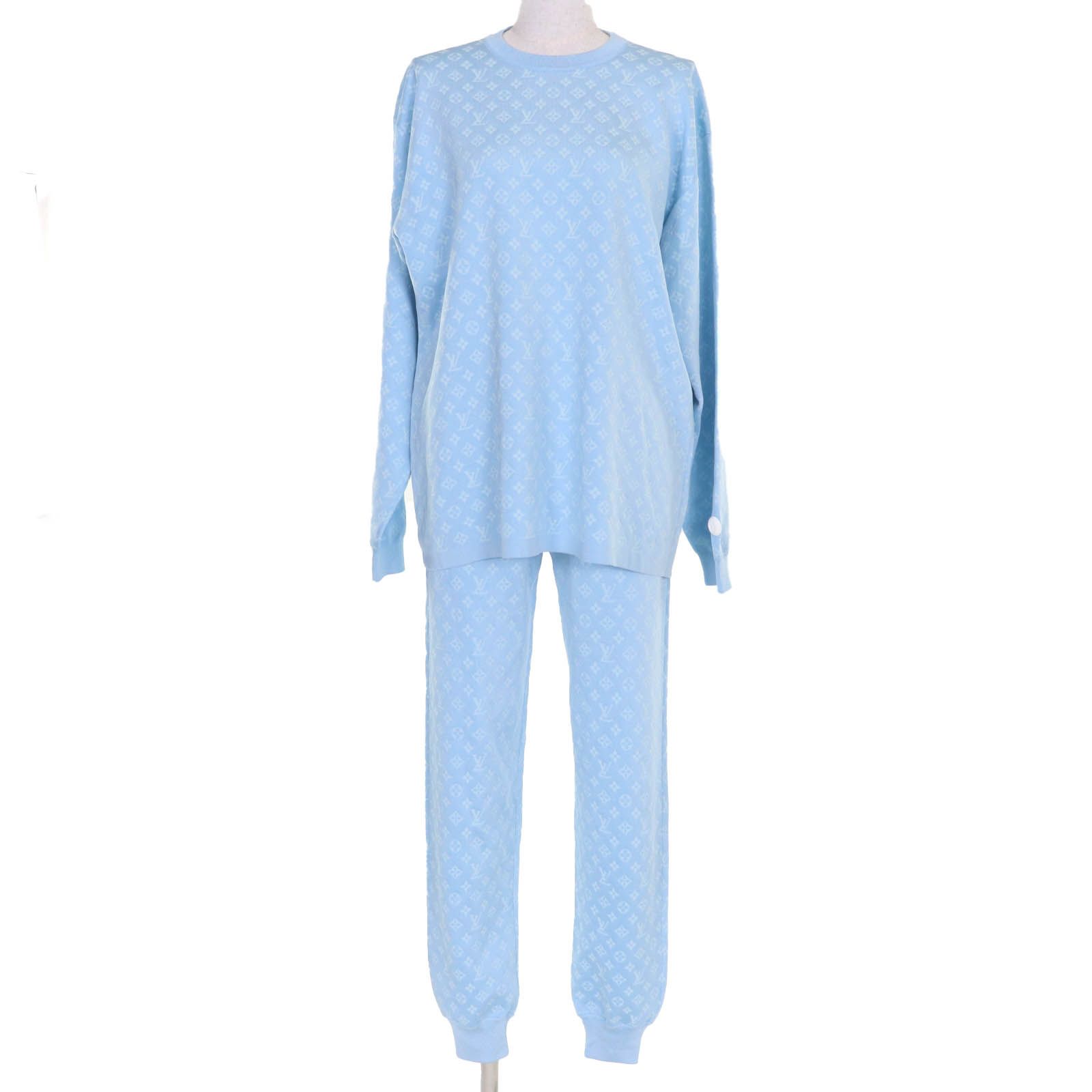 LOUIS VUITTON ルイヴィトン 24SS シルク モノグラムジャガード トップス ジョギングパンツ セットアップ ライトブルー S イタリア製 正規品 レディース