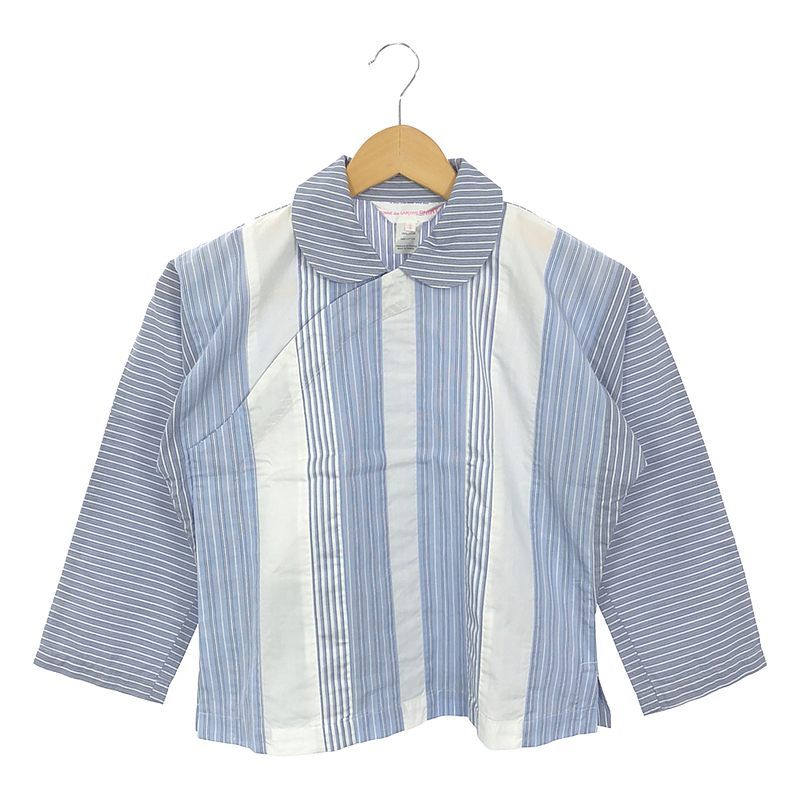 【美品】  COMME des GARCONS SHIRT girl / コムデギャルソンシャツガール | コットン 丸襟 アシンメトリー カシュクール ラップ ブラウス / シャツ ジャケット | S | ホワイト/ブルー系 | レディース 美品】 COMME des GARCONS SHIRT girl / コムデギャルソンシャツ