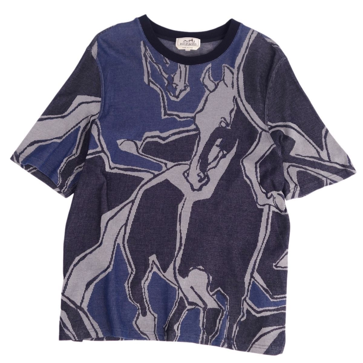 極美品 エルメス HERMES Tシャツ カットソー 半袖 ショートスリーブ 21SS Dance of Horses Light 馬柄 鹿の子 トップス メンズ L ネイビー