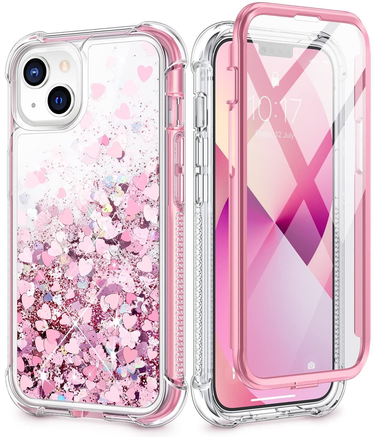 Caka ケース iPhone 13 グリッターケース iPhone 14 ケース レディース ガールズ ビルトインスクリーンプロテクター キラキラ輝く液体 フルボディ保護ケース iPhone 13 14 6.1インチ用 - ローズゴールド