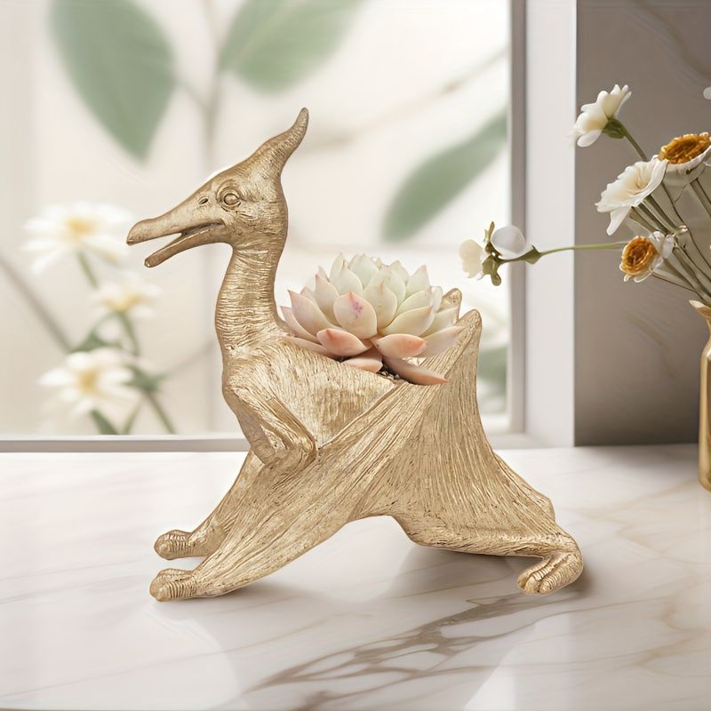 鉢植え 植木鉢 プランター プラントポット フラワーポット 花瓶 ガーデニング 樹脂 屋内 屋外 室内 インテリア 庭 玄関 恐竜 プテラノドン 多肉植物 サボテン 個性的 ユニーク ゴールド