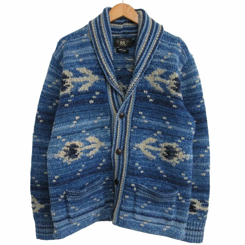 ダブルアールエル RRL RALPH LAUREN ラルフローレン 極美品 HAND KNIT CARDIGAN ハンドニット カーディガン  ネイティブ柄 ショールカラー カウチン 青 ブルー Lサイズ 0910