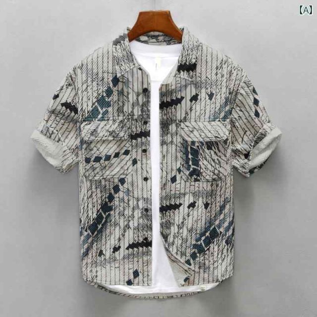 [3XL]メンズ ファッション 服 男性用 オシャレ シンプル 大人 かっこいい 大きいサイズ ストリート 紳士服 ストライプ ワークウェア プリント 半袖 シャツ ソフト カジュアル シャツ 薄手 通気