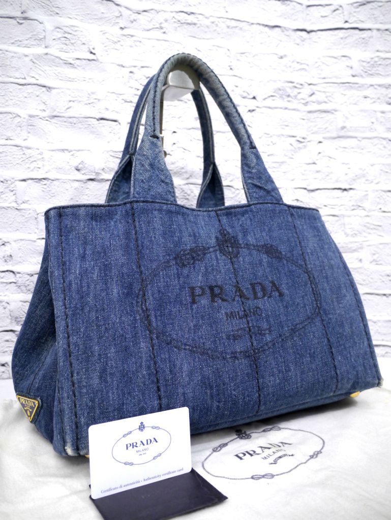 ◆PRADA プラダ CANAPA カナパ 大容量 サイド開閉 デニム地 ショッパー トート ハンド バッグ 青x黒◆ 使い勝手抜群 大容量の定番モデル♪