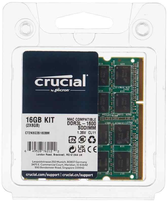 Crucial Micron製Crucialブランド DDR3 1600 MT|s PC3-12800 16GB kit 8GBx2 CL11 SODIMM 204pin 1.35V|1.