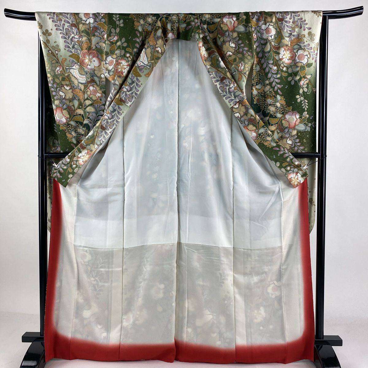 振袖 身丈162cm 裄丈65cm M 袷 扇 橘 金銀糸 金銀彩 茜色 正絹 秀品 中古