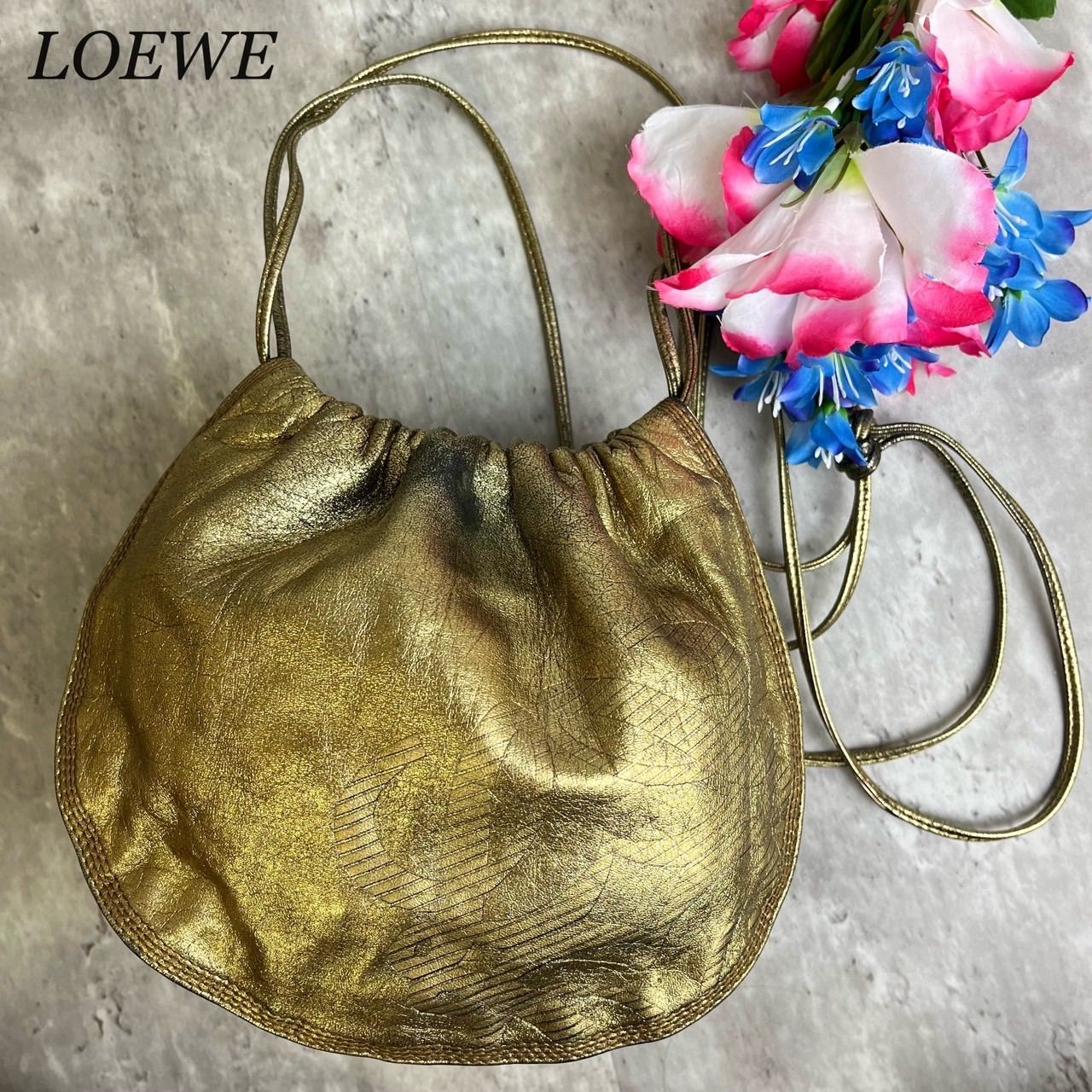 LOEWE ロエベ ポーチ 巾着 ナッパ ゴールド アナグラム ✨良品✨LOEWE