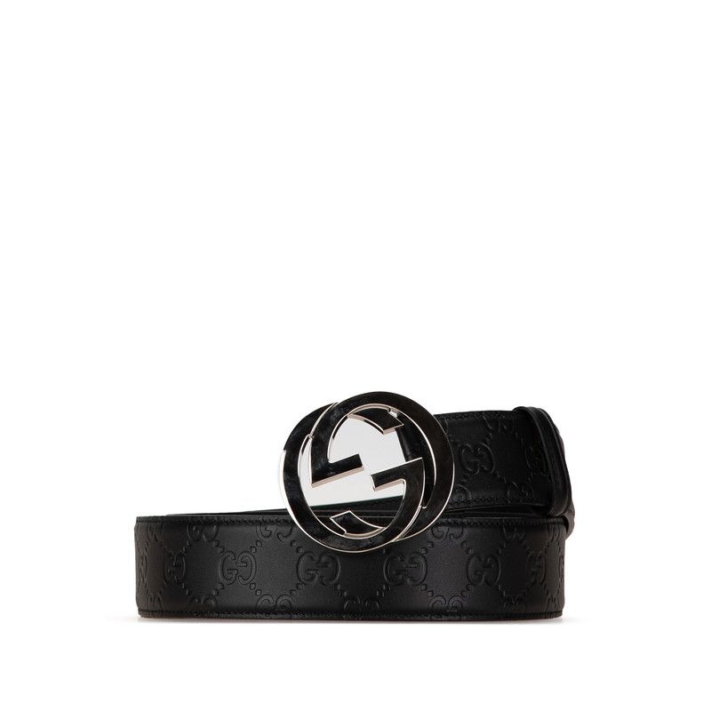 グッチ グッチシマ インターロッキングG ベルト 95/38 525040 ブラック シルバー レザー メンズ GUCCI【222-67224】