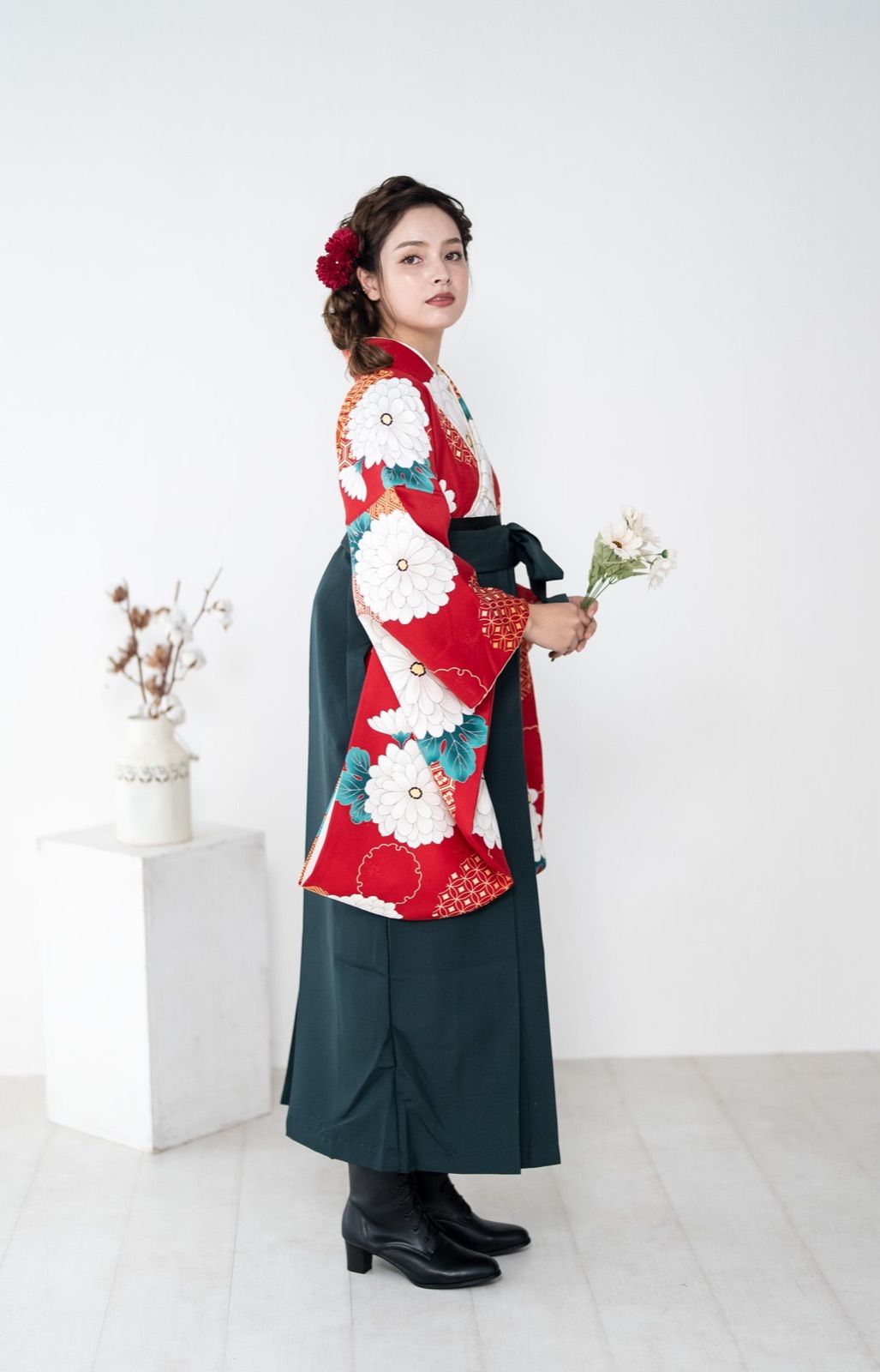 卒業式袴3点セット 赤に菊