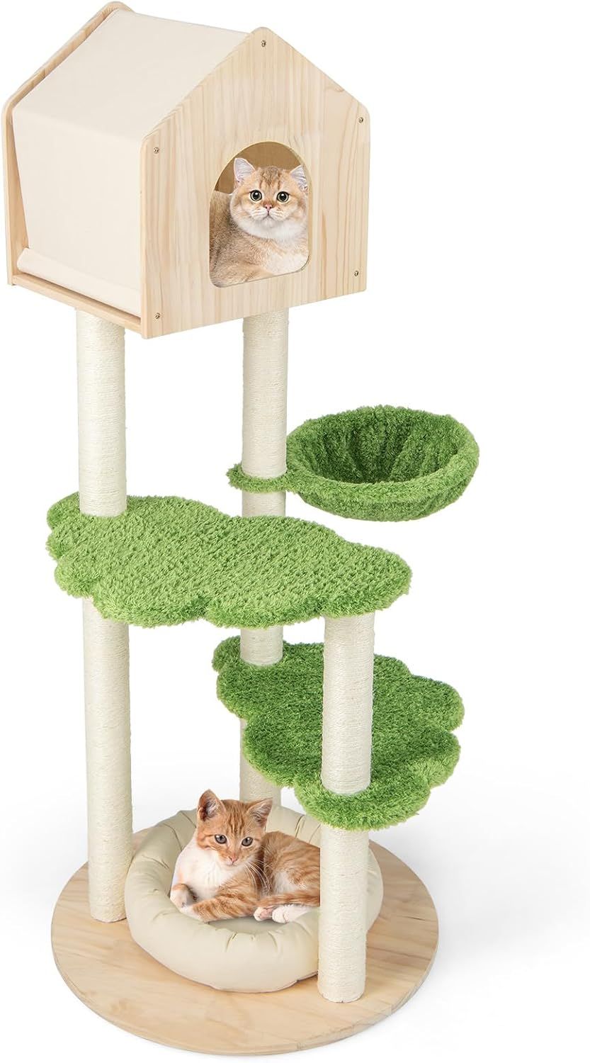 COSTWAY キャットタワー 据え置き 高さ139cm おしゃれ 多頭飼い 猫タワー ねこタワー 猫用品 サイザル麻の爪とぎポール 猫マット 猫ハウス 広い展望台 安定 運動不足解消 ストレス解消 ネコタワー 猫の遊び場 組み立て簡単 型番pv10128gn