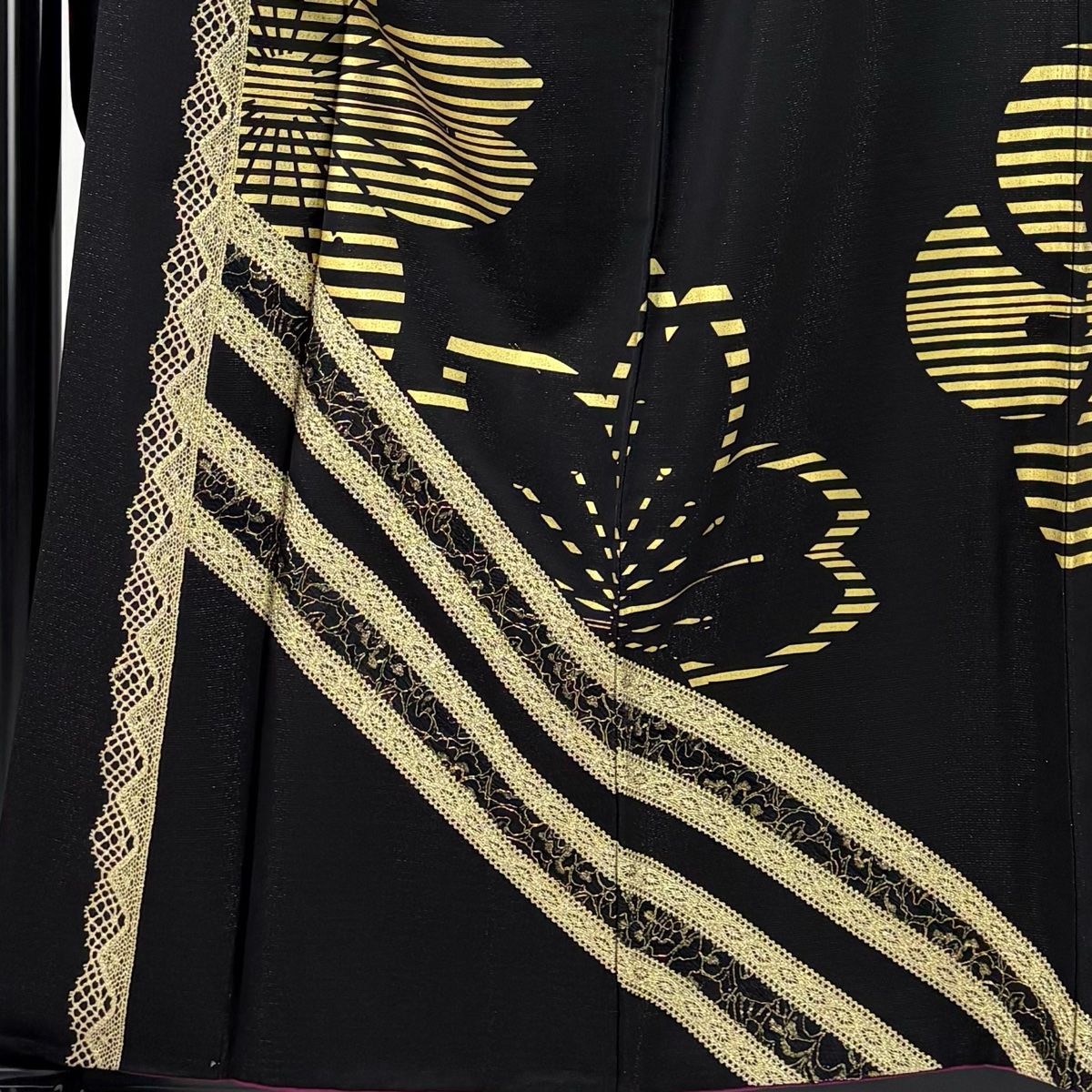 振袖 身丈157.5cm 裄丈64cm M 袷 桜 斜縞 レース 銀通し 黒 正絹