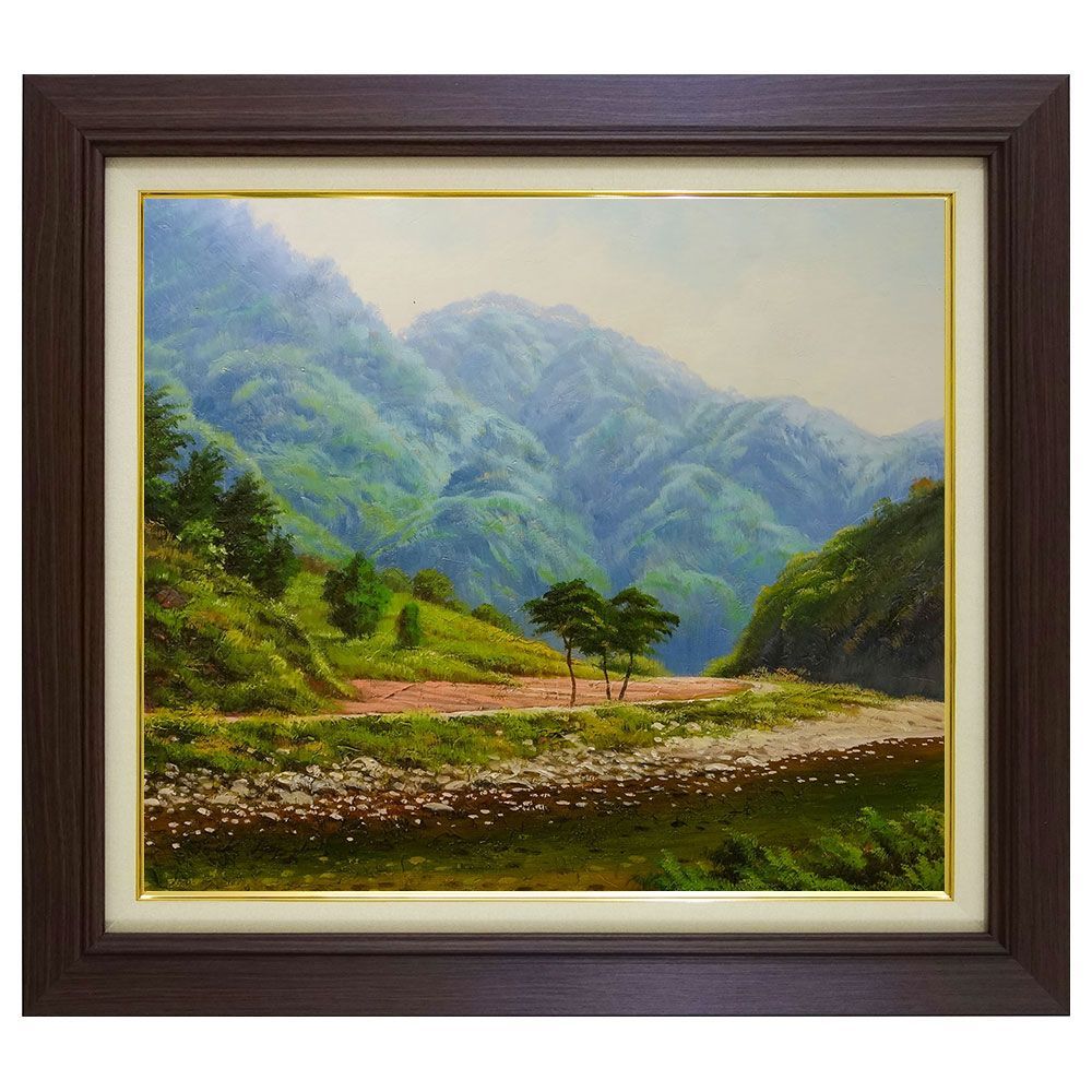 油彩画 清流のある風景 額入り F10号 風景画 自然 日本の風景 河原 癒し ヒーリング 記憶 思い出 額装画 風景画 真筆 肉筆画 手描き YE493
