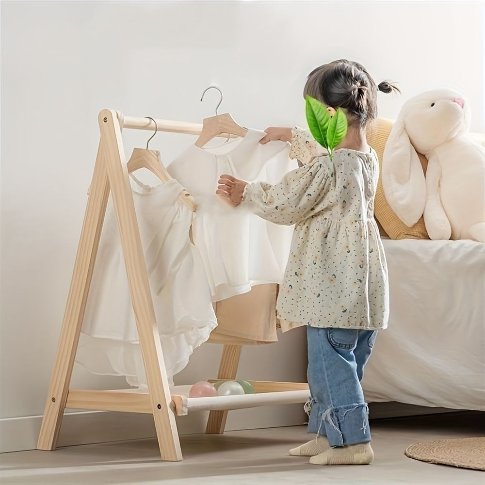 ハンガーラック 子供部屋用の木製着せ替えスタンド 子供用ハンガーラック 収納棚付き 床置き式 フローティングガーメントラック 子供用 ブナ材 ユーティリティオーガナイザーラック 子供部屋 キッズ用 ベビー服