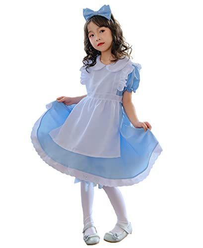 100 [RPFLQ] アリス 女の子 メイド服 プリンセス ドレス コスプレ ハロウィン 仮装 エプロン 半袖 子供 キッズ 女児 衣装 可愛い 萌え 人気 イベント 活動 なりきり ワンピース 水色 ブルー 3点セ