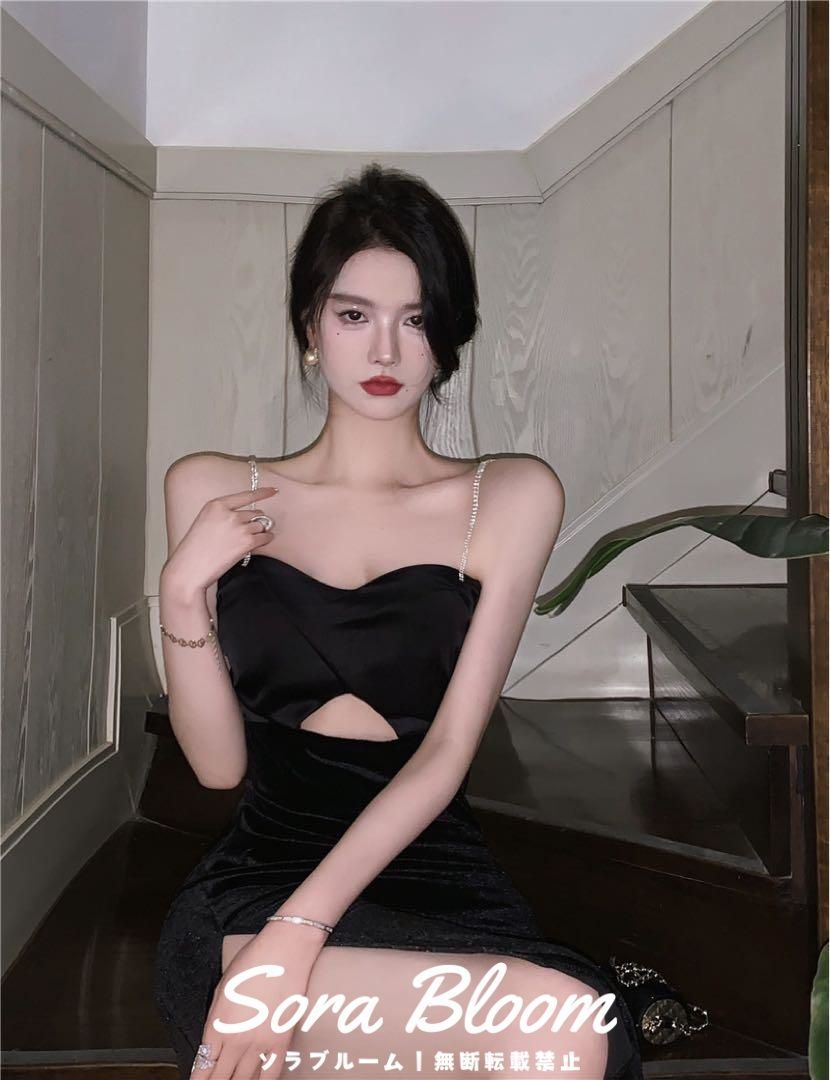 ベロア生地華やかドレス★華奢ストーンショルダーストラップ★結婚式 パーティー ベロア生地華やかドレス☆華奢ストーンショルダーストラップ