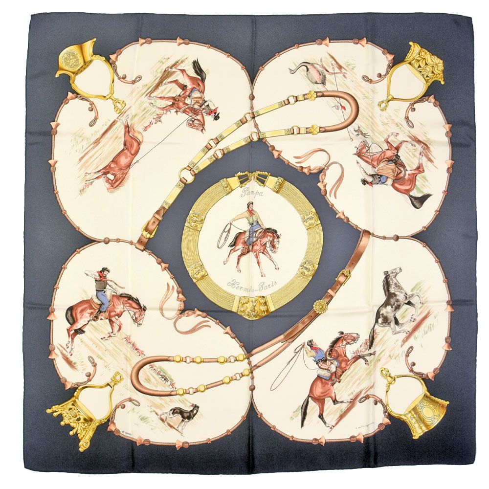 エルメス HERMES カレ90 スカーフ シルク 90cm ネイビー PAMPA パンパ 