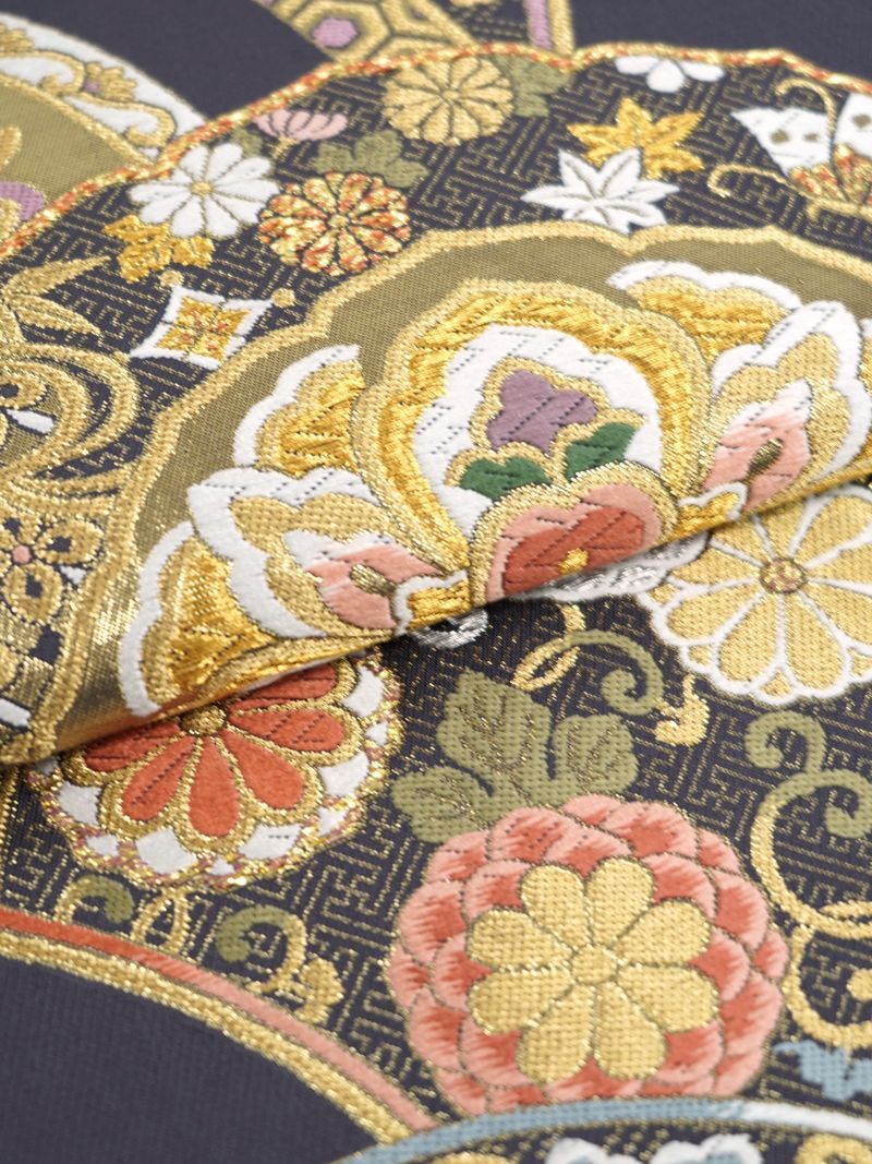 B 吉祥文様 金糸 青海波 鳳凰 唐草 七宝 六通 正絹 フォーマルな袋帯 37