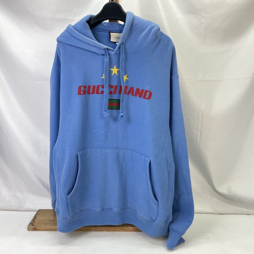 01yw0050 グッチ GUCCI プルオーバーパーカー BAND HOODIE GUCCI BAND ブルー Lサイズ イタリア製 メンズ パーカー  コットン 【中古品】 - メルカリ