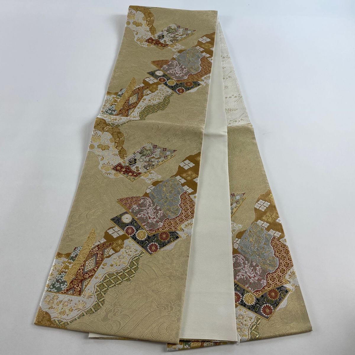 正絹 袋帯 見事な金刺繍の袋帯。シェル加工 半襟おまけ付き！ 着物