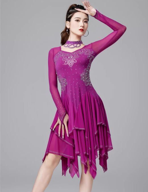 社交ダンス ラテン競技 発表会ドレス 重工ストーン ロングスリーブ オーダーメイド