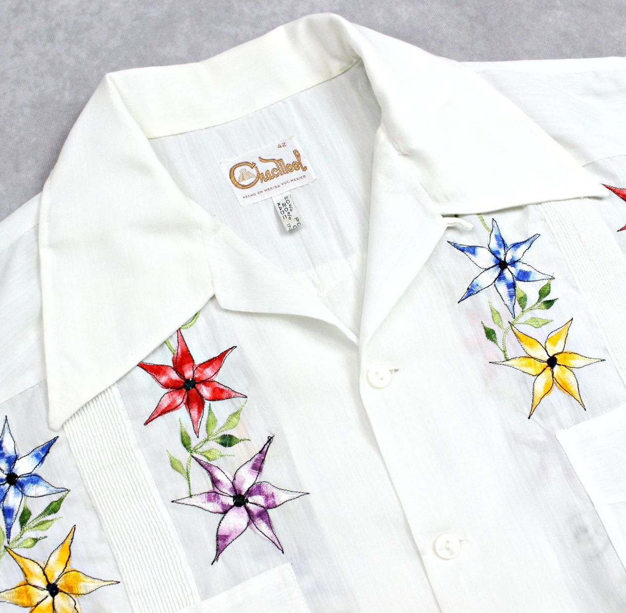 70s ビンテージ CHACMOOL カラフル刺しゅう キューバシャツ GUAYABERA