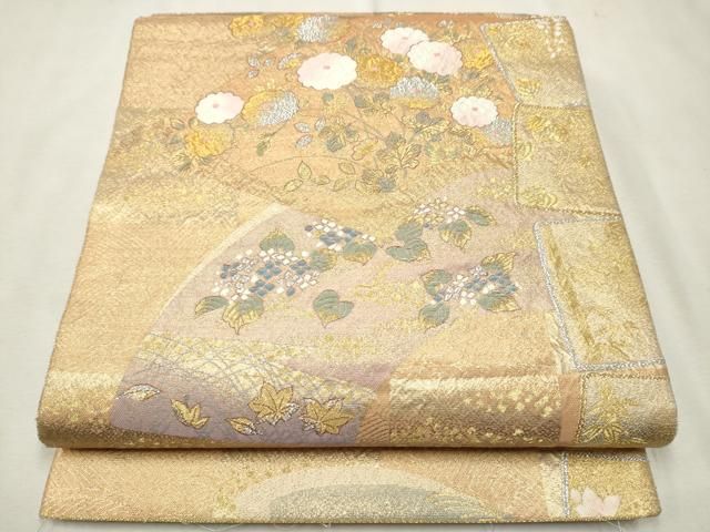 平和屋着物▽六通柄袋帯 市松扇面重 金銀糸 正絹 逸品 CAAU9461hy