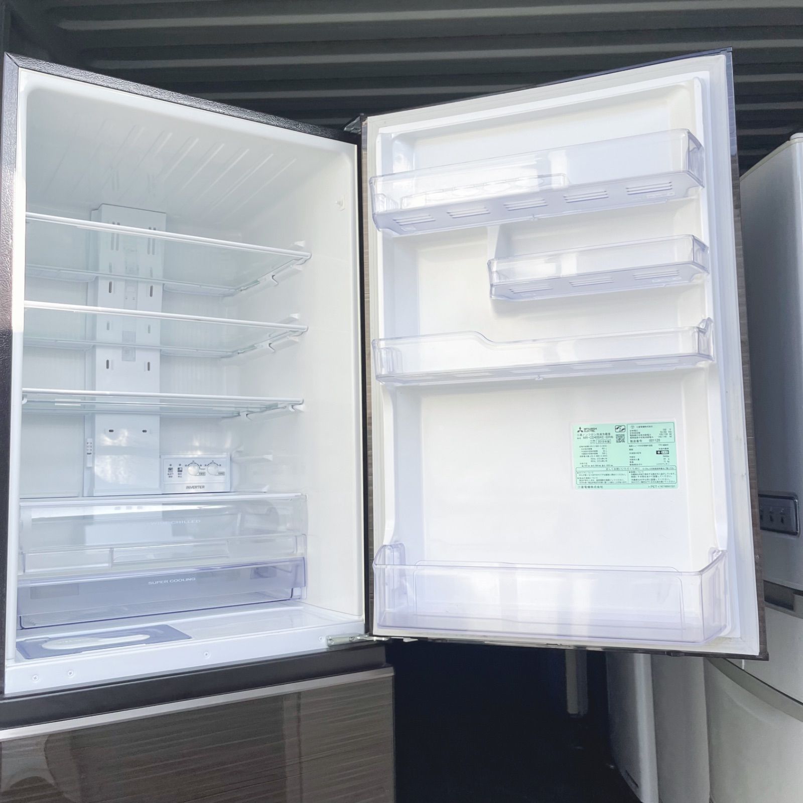 64取付無料 三菱木目調おしゃれインテリア401L大容量3ドア冷蔵庫 洗濯機