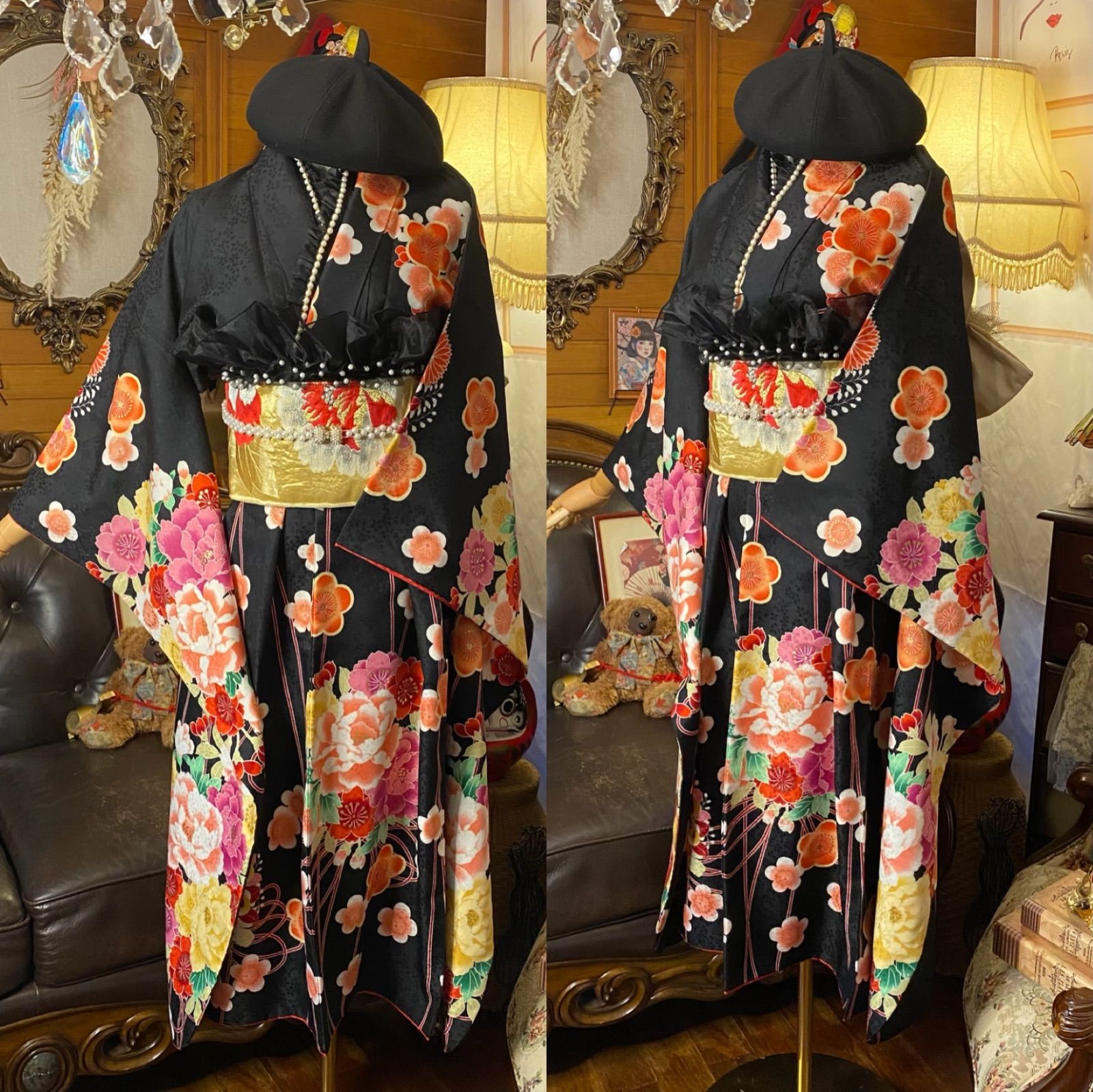 平和屋着物●豪華振袖　型染　流水花鳥文　暈し染め　正絹　逸品　DABA1396ps ☆ 振袖 型染め 流水花鳥文 平和屋着物□豪華振袖 花鳥文 銀彩 正絹