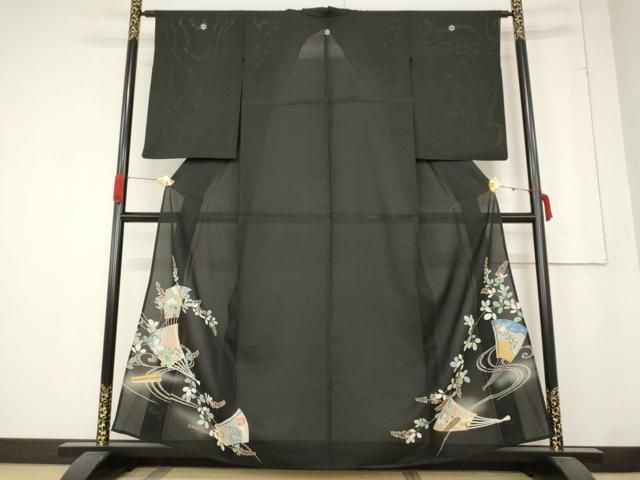 平和屋着物＊夏物 アンティーク 大正ロマン 黒留袖 絽 扇面草花文 両褄 正絹 AABB5933st