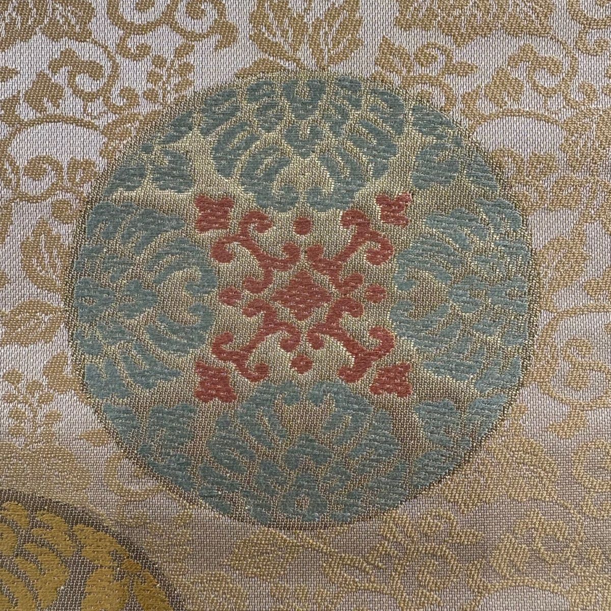 袋名古屋帯 秀品 浮線綾文 桐唐草 箔 ベージュ 正絹