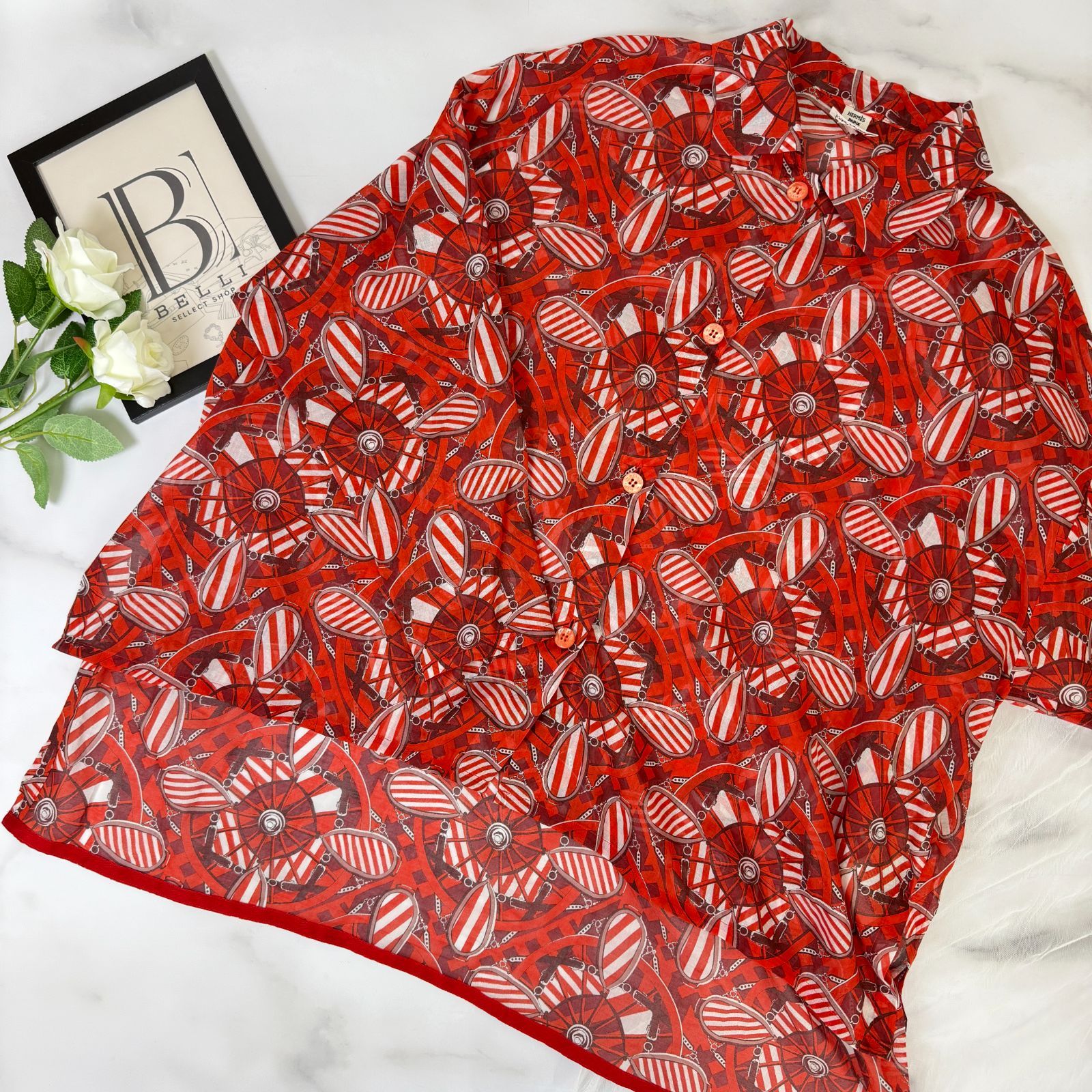 鑑定済み エルメス シャツ 38 Mサイズ程度 レッド コットン ビーチウェア 半袖 シャツ