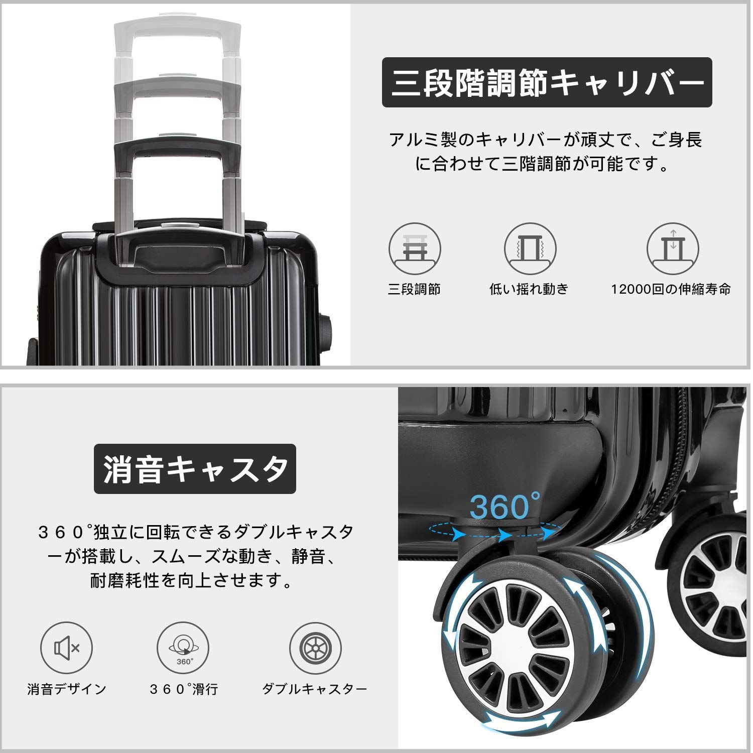 ブラック 出張 ビジネス 旅行 ファスナー式 Lサイズ 98 L 7泊～長期旅行 TSAローク搭載 360度回転 耐衝撃 ダブルキャスター 静音 大型 超軽量 キャリーケース キャリーバッグ スーツケース VARNIC