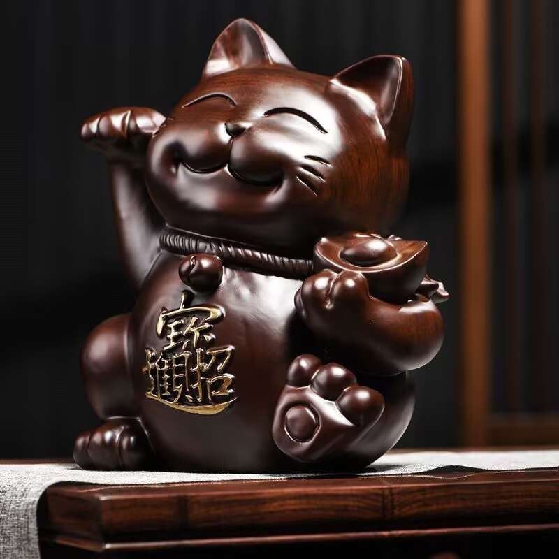 美品 黒檀の木彫り 招き猫 玄関 客間の置物 招財 職人手作り　木彫り インテリア 開運 仏像 子宝 まねきねこ