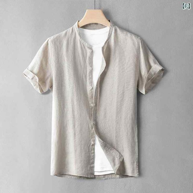 錯覚を与える M 50〜60kg メンズ ファッション 服 男性用 オシャレ シンプル 大人 かっこいい 大きいサイズ ストリート 紳士服 スタンドカラー 半袖 リネン シャツ 夏 薄手 トップス カジュアル 快 リネン 生地 シャツ トップファッション販売。